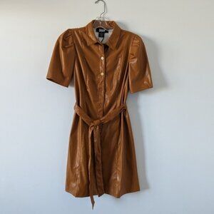 DKNY Women's Faux Leather Shirt Dress, Size 4, Caramel BrownPuff Sleeve Pleated